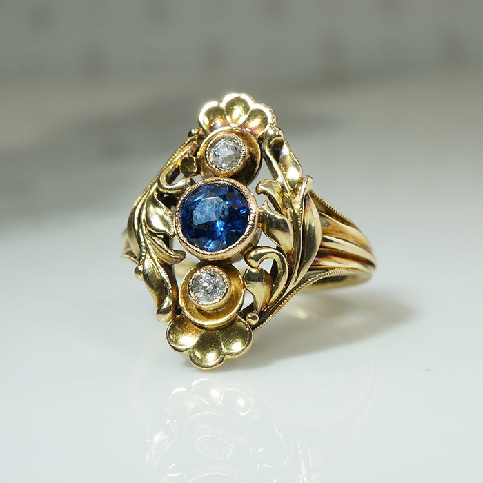Stunning Arts & Crafts 18k Gold Sapphire & Old Mine Diamond Ring