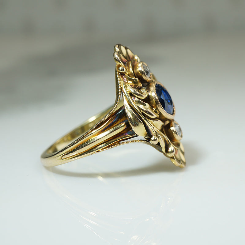 Stunning Arts & Crafts 18k Gold Sapphire & Old Mine Diamond Ring
