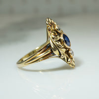 Stunning Arts & Crafts 18k Gold Sapphire & Old Mine Diamond Ring
