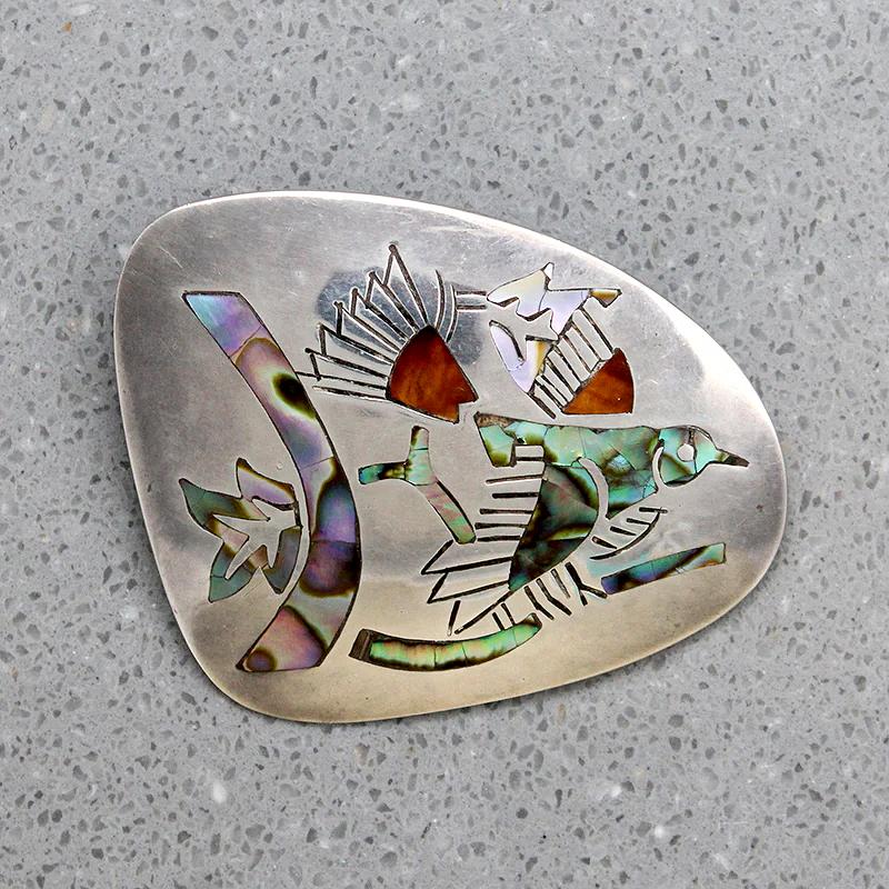 Colorful Shell Inlay in Sterling Silver Bird Brooch