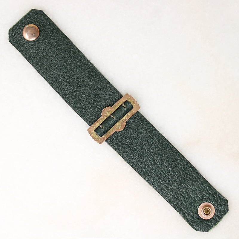 Ornate Buckle & Green Leather Bracelet by Ancient Influences