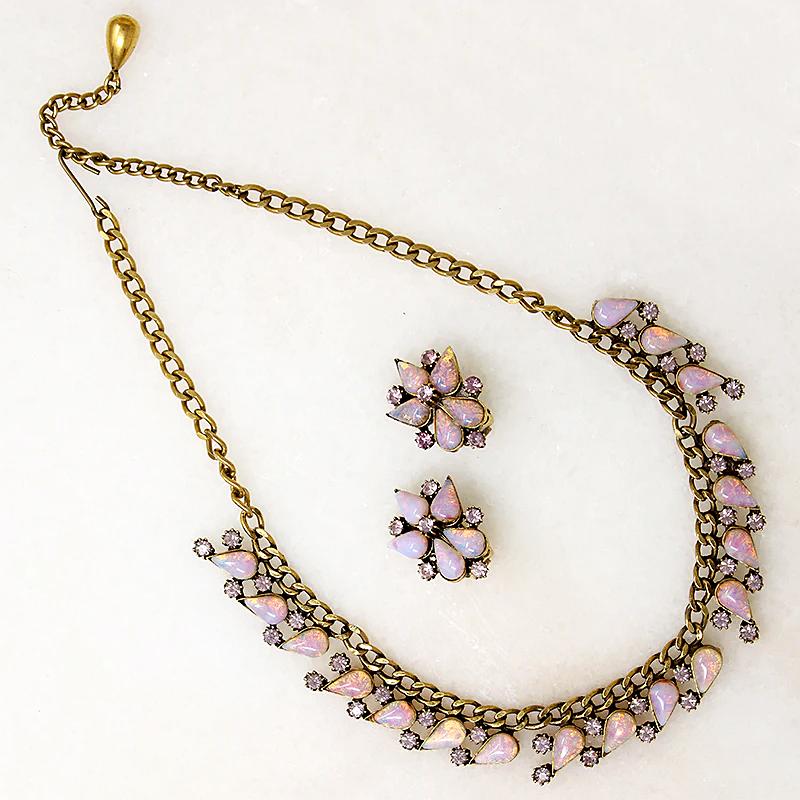 Magical Pink Faux Opal & Rhinestone Necklace & Earring Set