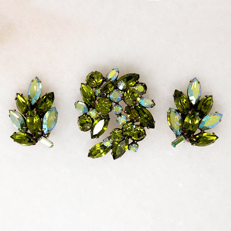 Stunning Green & Aquamarine Rhinestone Brooch & Earring Set