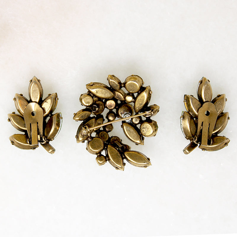 Stunning Green & Aquamarine Rhinestone Brooch & Earring Set