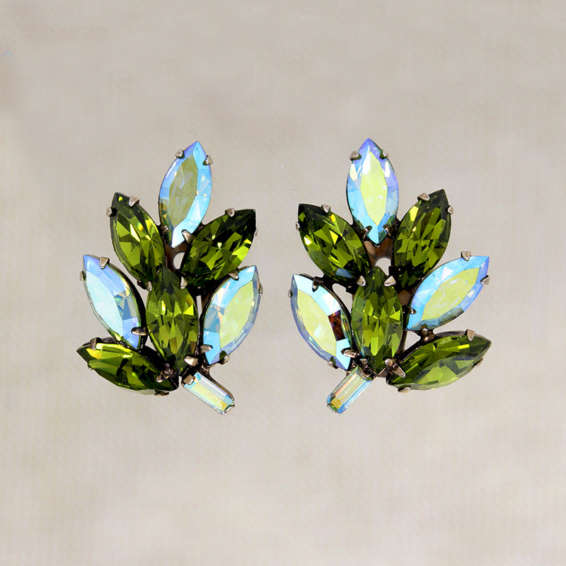 Stunning Green & Aquamarine Rhinestone Brooch & Earring Set