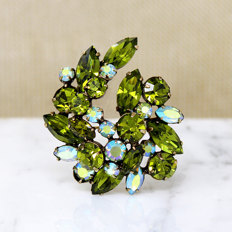 Stunning Green & Aquamarine Rhinestone Brooch & Earring Set