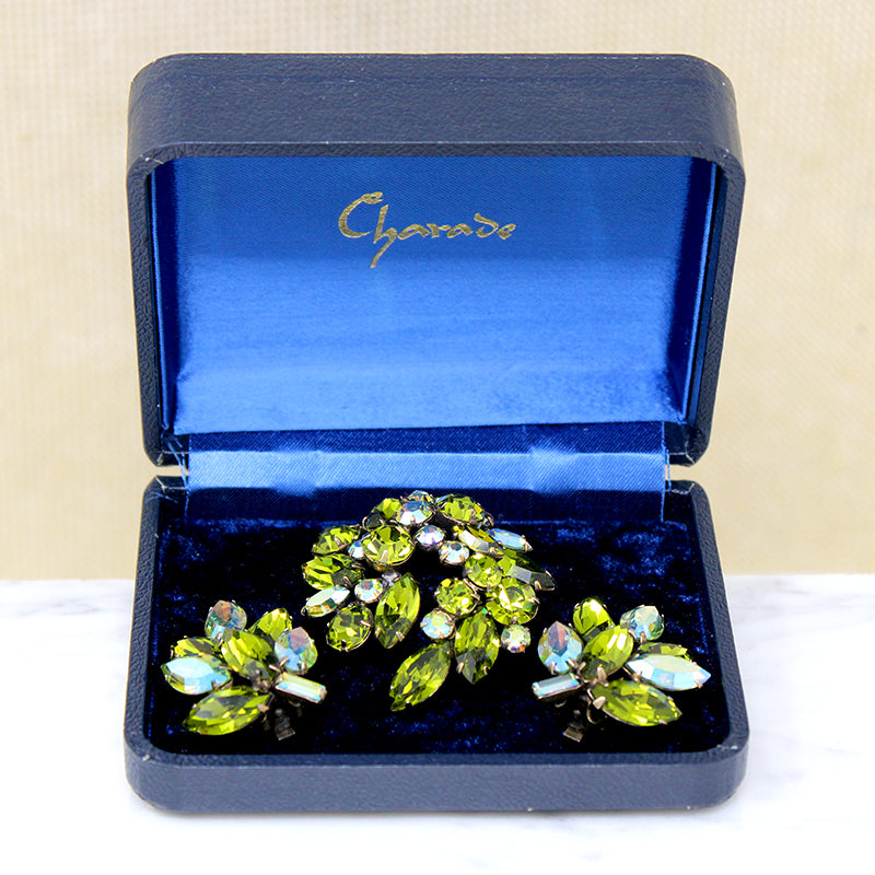 Stunning Green & Aquamarine Rhinestone Brooch & Earring Set