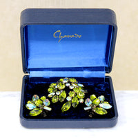 Stunning Green & Aquamarine Rhinestone Brooch & Earring Set