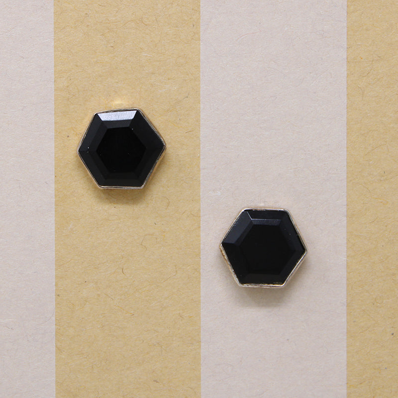 Pitch Black Onyx Hexagons in Sterling Stud Earrings