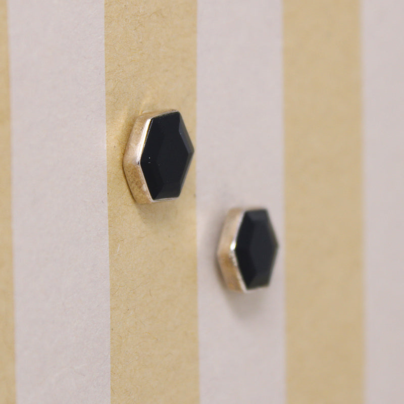 Pitch Black Onyx Hexagons in Sterling Stud Earrings