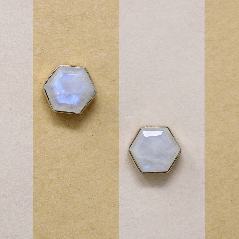 Iridescent Moonstone Hexagons in Sterling Stud Earrings