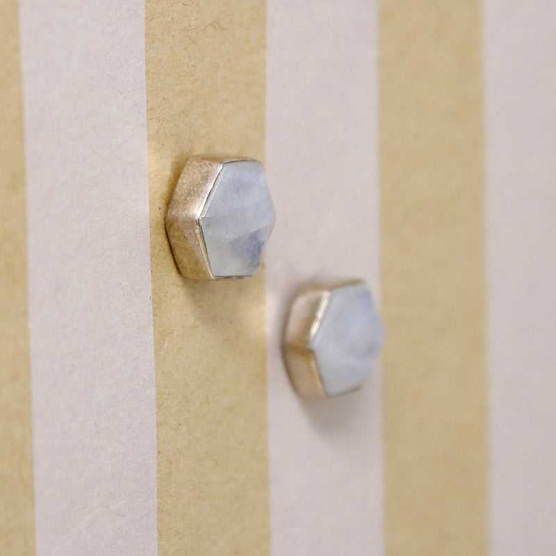 Iridescent Moonstone Hexagons in Sterling Stud Earrings