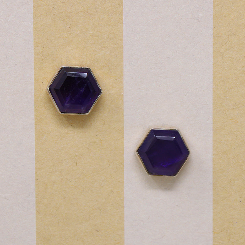 Rich Purple Amethyst Hexagons in Sterling Stud Earrings
