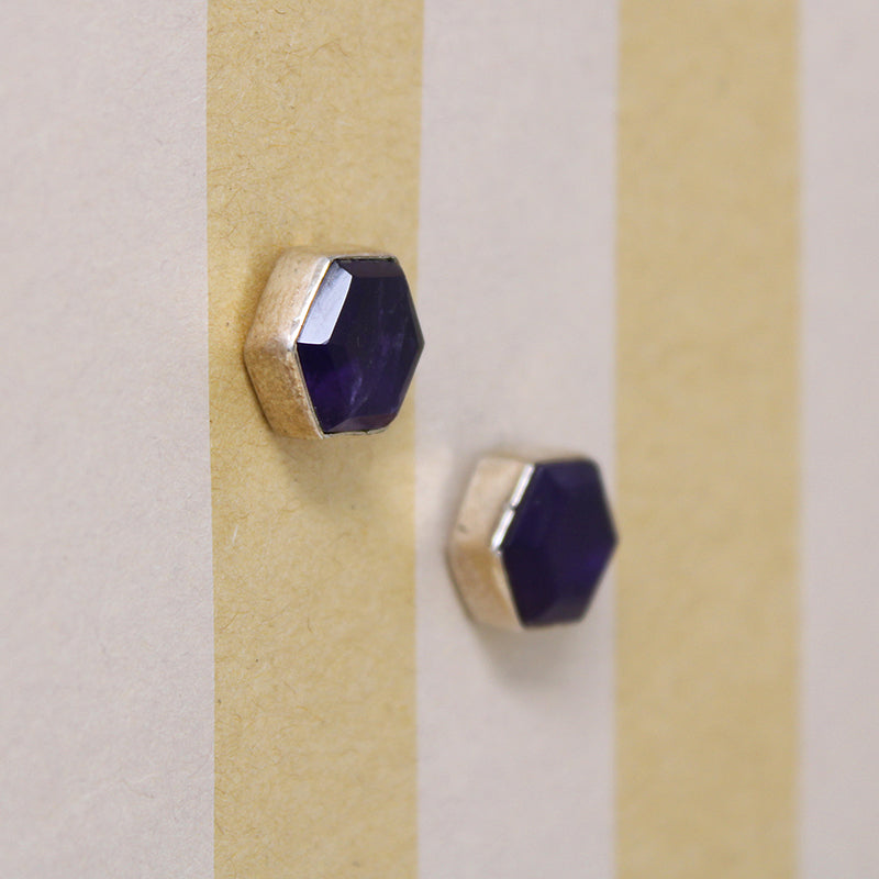 Rich Purple Amethyst Hexagons in Sterling Stud Earrings