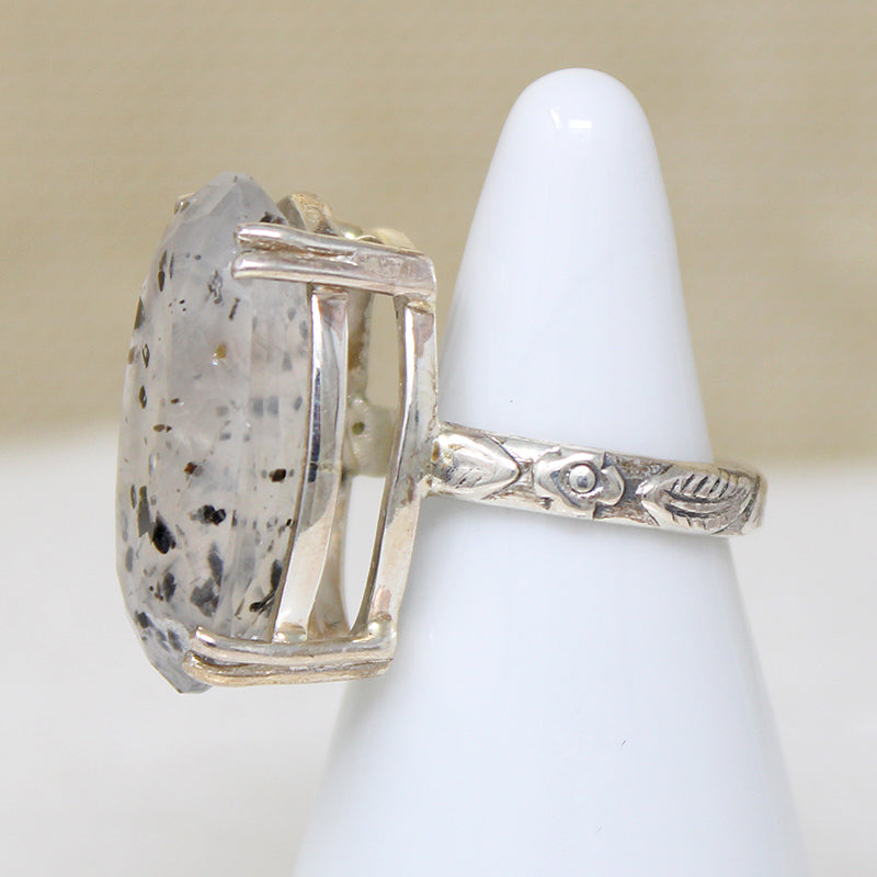 Peppered Quartz in Engraved Artisan Cocktail Ring