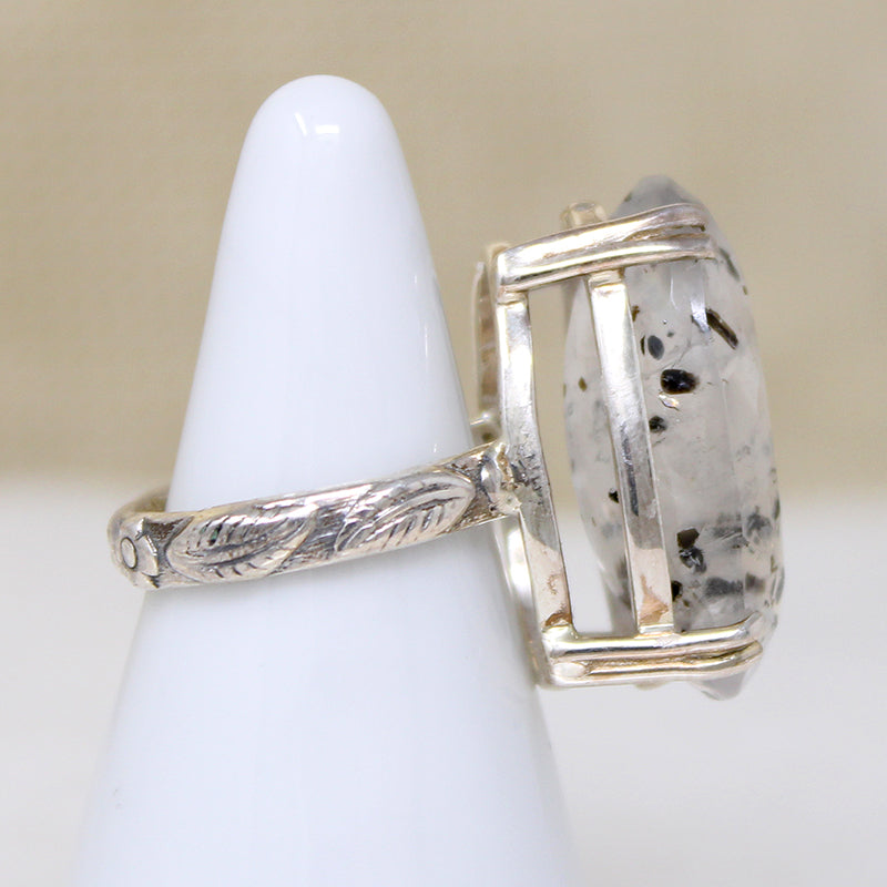 Peppered Quartz in Engraved Artisan Cocktail Ring