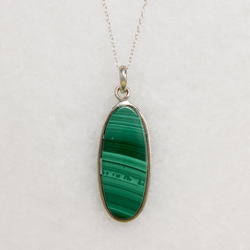 Dramatic Oval Malachite in Sterling Silver Necklace