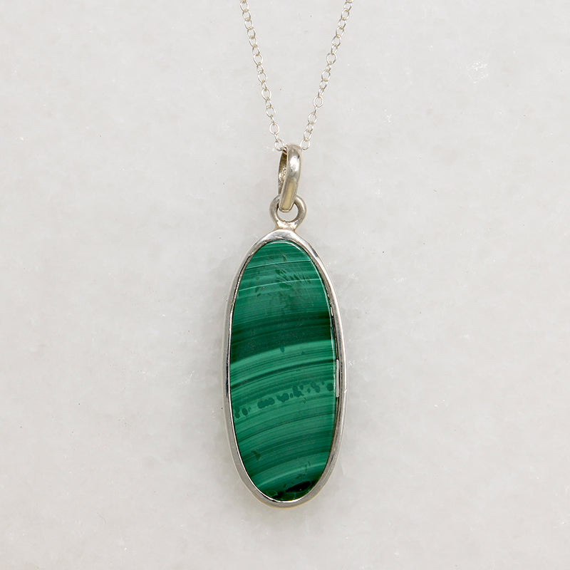 Dramatic Oval Malachite in Sterling Silver Necklace