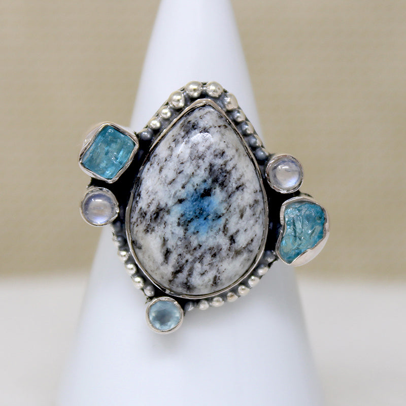 Icy Agate, Moonstone & Aquamarine Artisan Ring