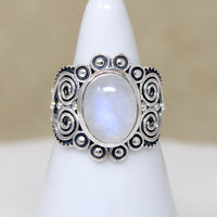 Mystic Moonstone in Ornate Sterling Artisan Ring