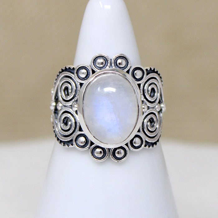 Mystic Moonstone in Ornate Sterling Artisan Ring