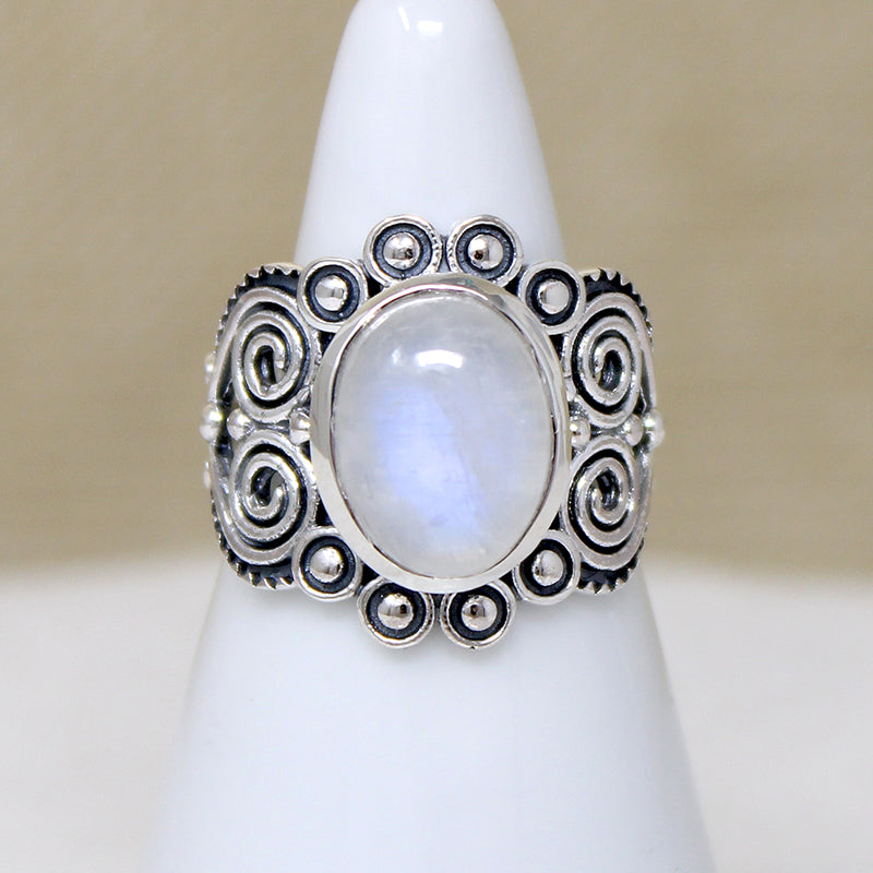 Mystic Moonstone in Ornate Sterling Artisan Ring