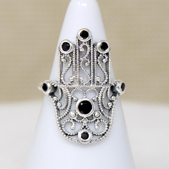 Sterling Filigree Hand of Fatima Ring with Onyx Accents