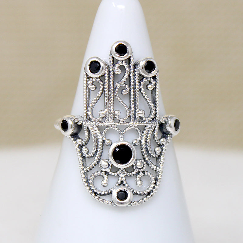Sterling Filigree Hand of Fatima Ring with Onyx Accents