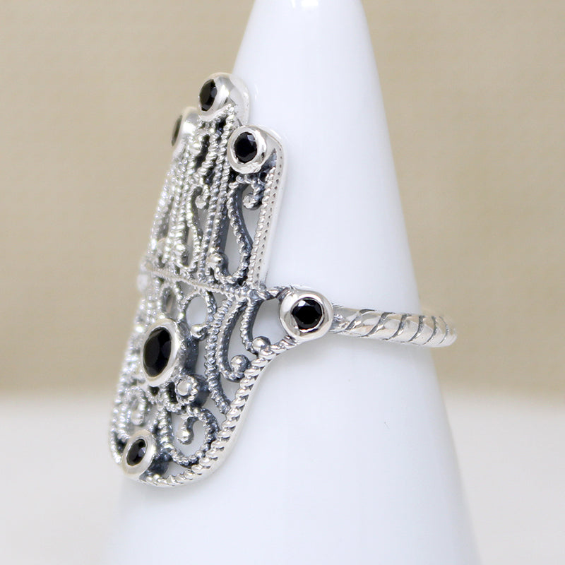 Sterling Filigree Hand of Fatima Ring with Onyx Accents