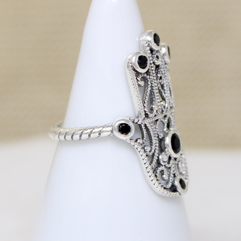 Sterling Filigree Hand of Fatima Ring with Onyx Accents