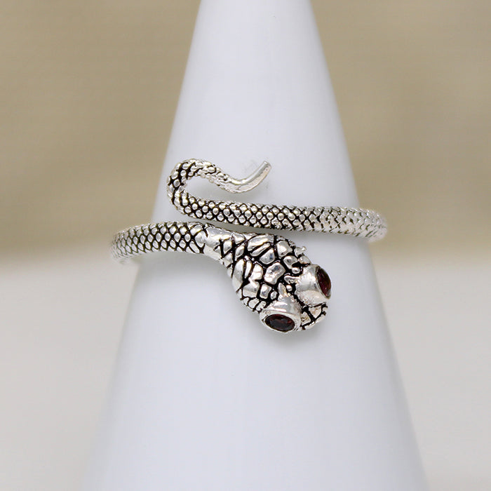 Artisan Sterling Silver Snake Ring with Garnet Eyes