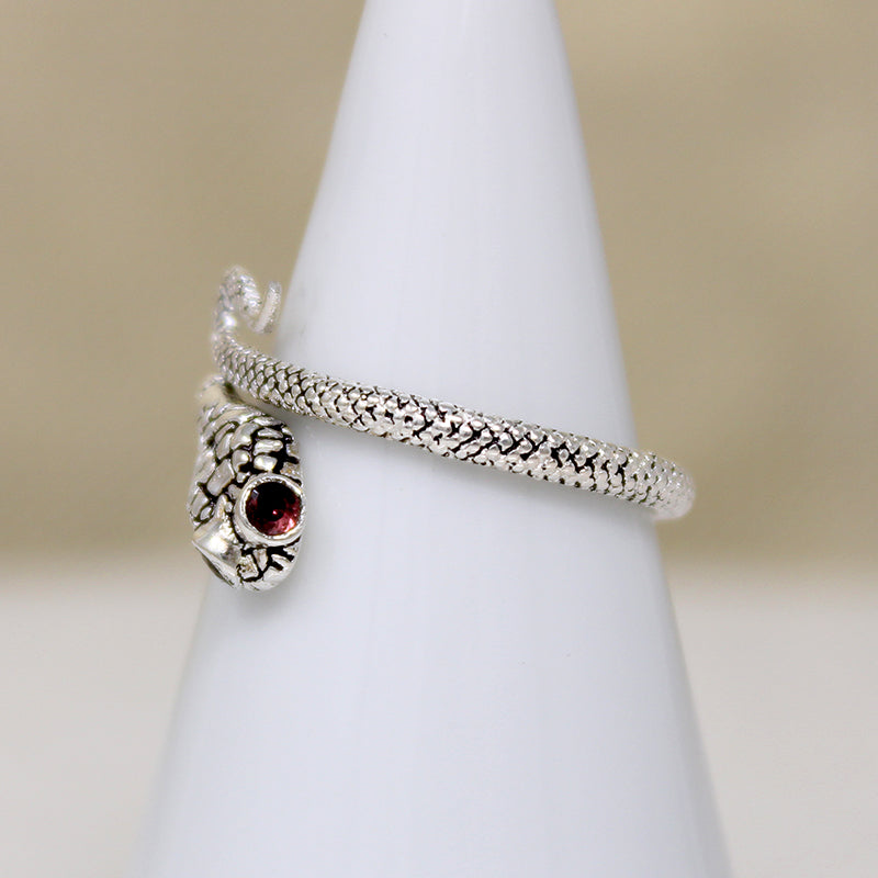Artisan Sterling Silver Snake Ring with Garnet Eyes