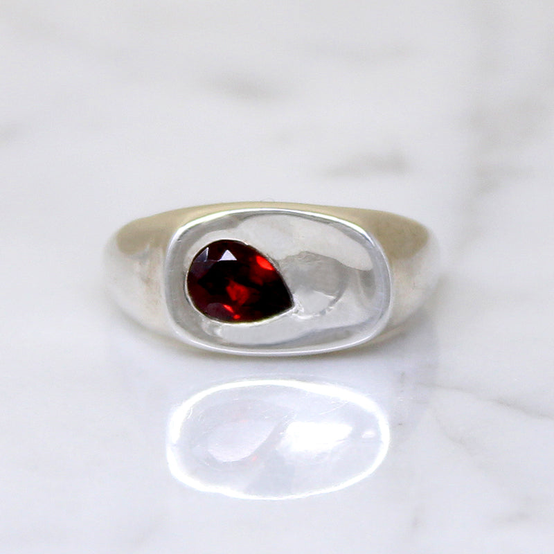 Funky Sterling Signet Ring with Garnet Accent