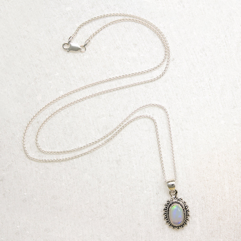 Shimmering Opal in Silver Beaded Halo Artisan Necklace