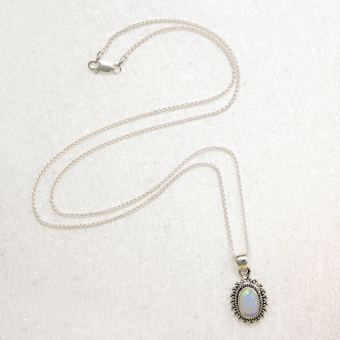 Shimmering Opal in Silver Beaded Halo Artisan Necklace