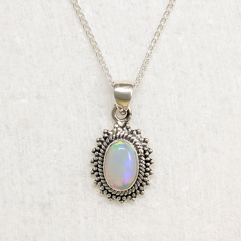 Shimmering Opal in Silver Beaded Halo Artisan Necklace
