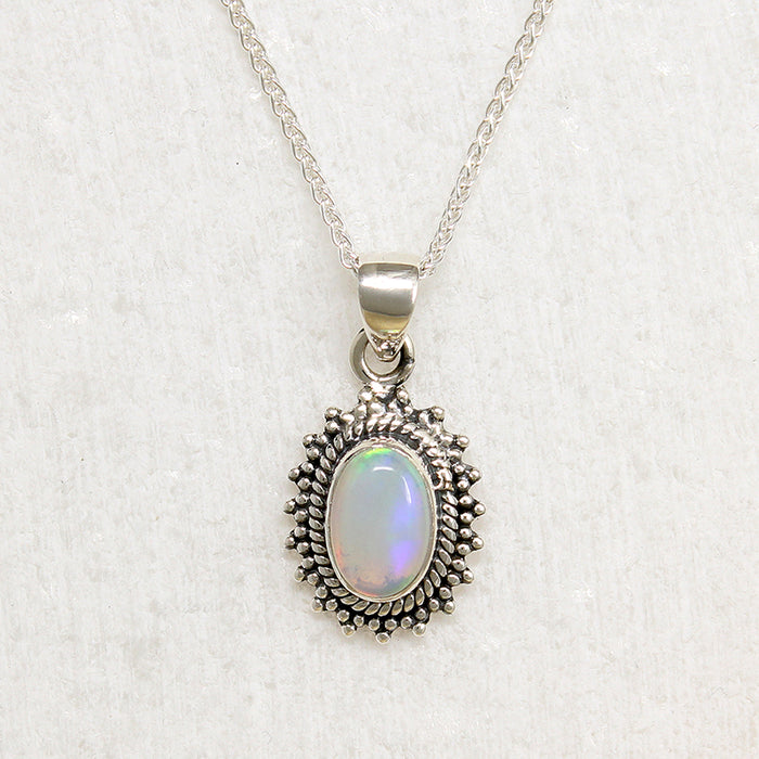 Shimmering Opal in Silver Beaded Halo Artisan Necklace