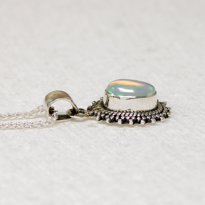 Shimmering Opal in Silver Beaded Halo Artisan Necklace