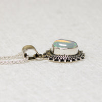 Shimmering Opal in Silver Beaded Halo Artisan Necklace