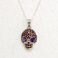 Garnet Studded Sterling Silver Artisan Skull Pendant
