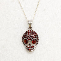 Garnet Studded Sterling Silver Artisan Skull Pendant