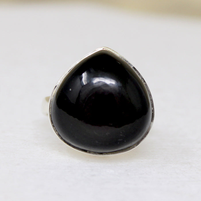 Fat Black Stone Teardrop in Sterling Silver Artisan Ring