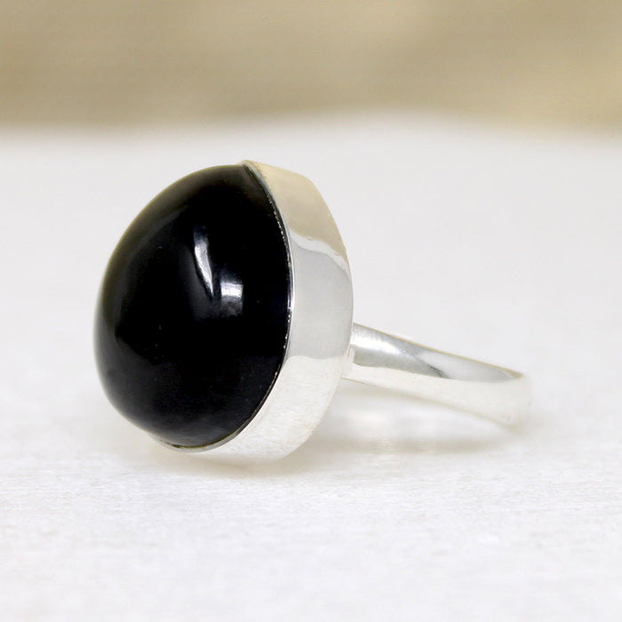 Fat Black Stone Teardrop in Sterling Silver Artisan Ring