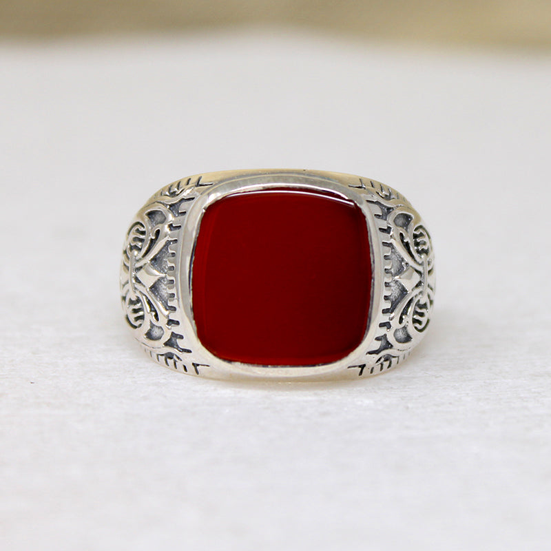 Carnelian & Engraved Sterling Artisan Signet Ring