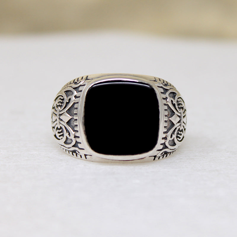 Black Onyx & Engraved Sterling Artisan Signet Ring
