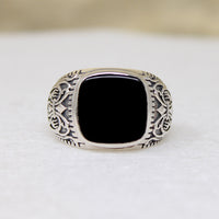 Black Onyx & Engraved Sterling Artisan Signet Ring