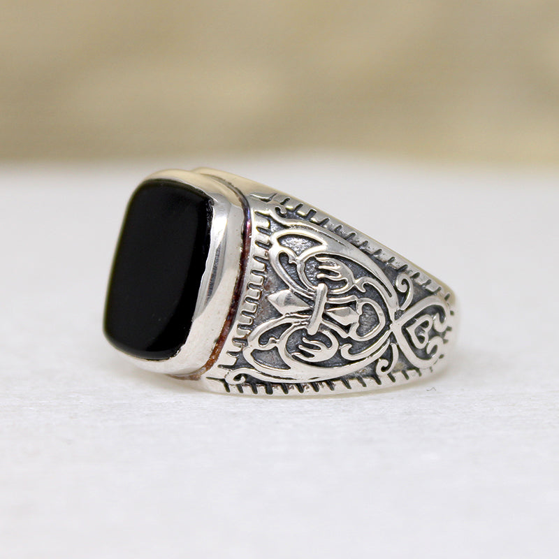 Black Onyx & Engraved Sterling Artisan Signet Ring