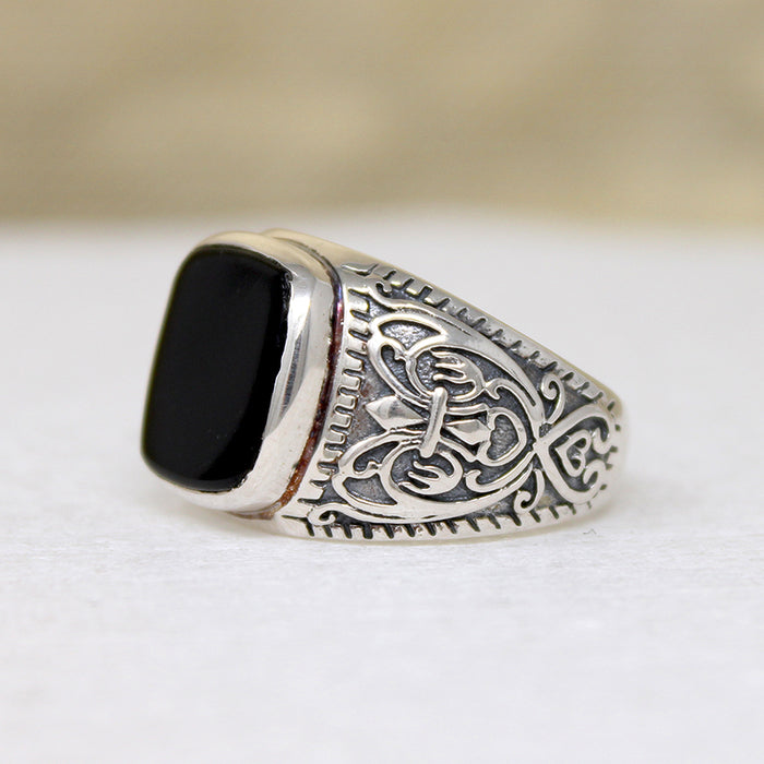 Black Onyx & Engraved Sterling Artisan Signet Ring