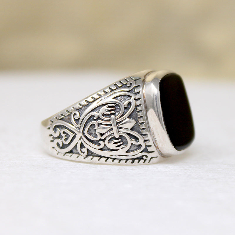 Black Onyx & Engraved Sterling Artisan Signet Ring