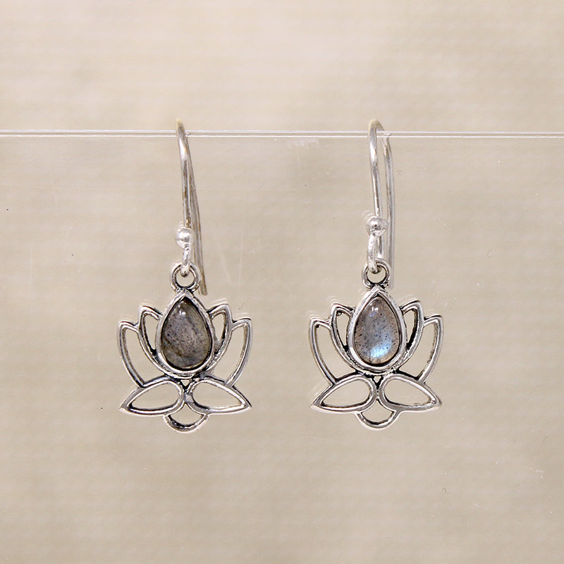 Sterling Lotus Flower Earrings with Labradorite Teardrops